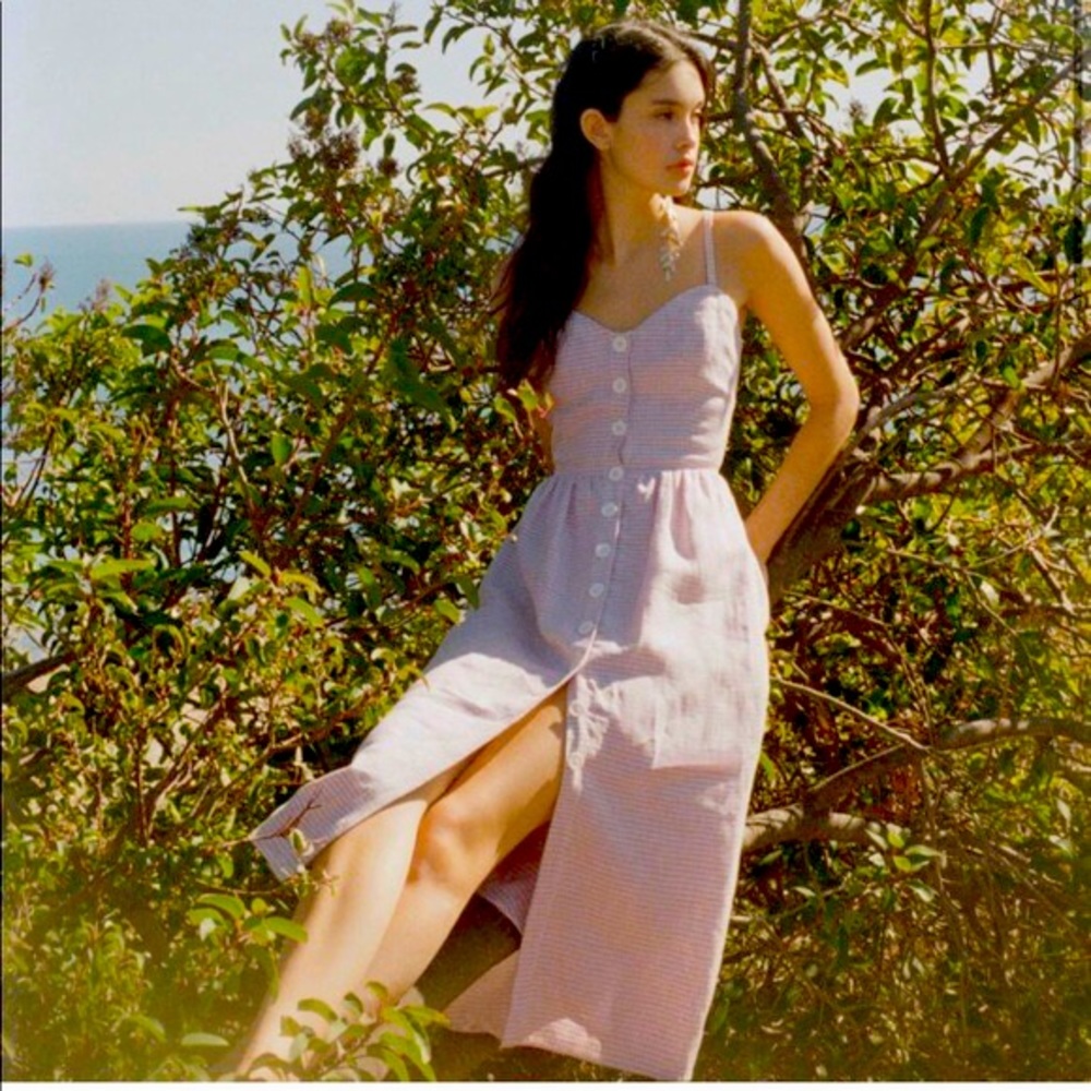 Reformation Thelma lavender check linen midi dress